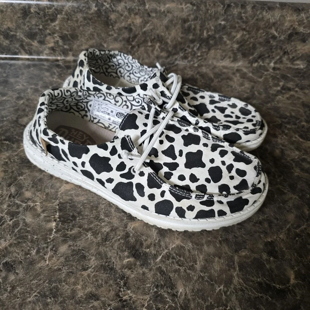 hey dude wendy womens size 7 shoes black white cow slip on comfort sneakers
